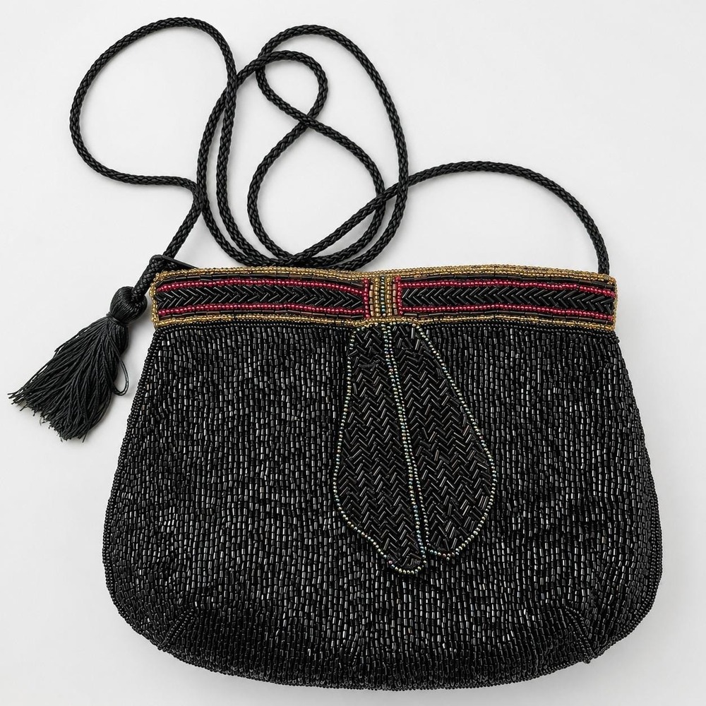 Bonwit Teller Vintage Beaded Crossbody Bag Black Red Gold Tassel Evening Purse